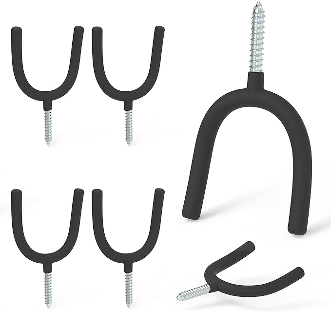 HUHOLE 6 Pack Heavy Duty Screw in U Hook 30lbs Load Capacity Garage Storage Organizers Vinyl Coated Steel Shovel Holder U Hooks for Hanging Garden Tools and Power Equipment Black