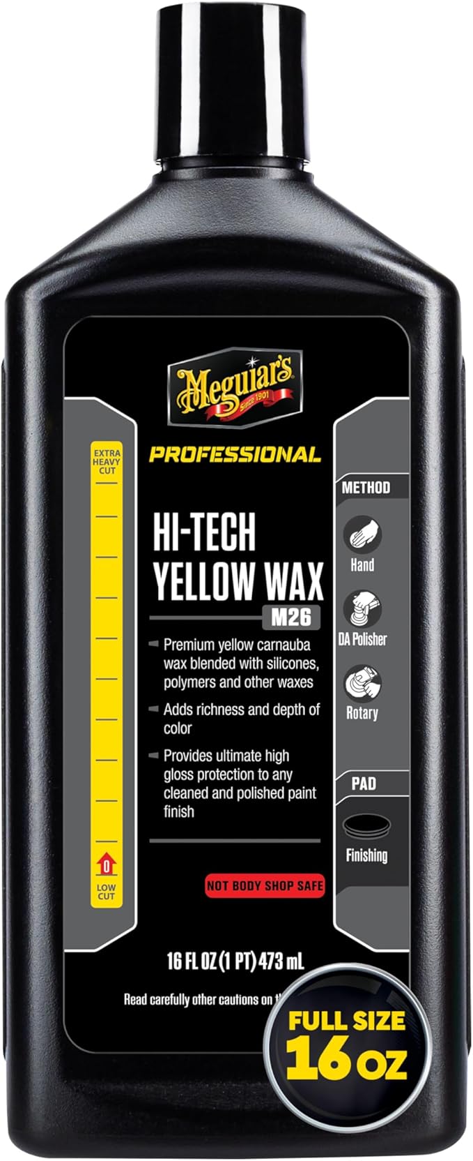 Meguiar’s Professional Hi-Tech Yellow Wax M2616, Versatile Liquid Car Wax Provides Durable Protection, Rich Color, and Shine, Clear Coat Safe Formula Can Be Applied by Hand or DA Polisher, 16 Oz