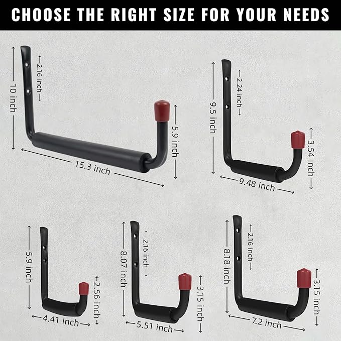 6 Pack Garage Hooks Heavy Duty, 9.48 Inch Easy to Install Steel Ladder Storage Hooks, Wall Mount Organizer with EVA Pads for Kayaks, Bikes, Chairs, Tools