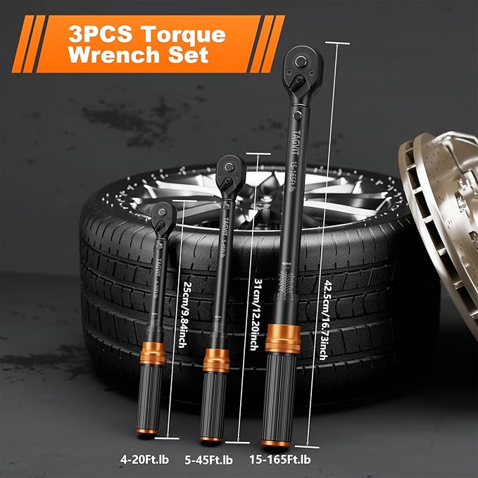 1/4 3/8 1/2-inch Drive Click Torque Wrench, 3Pcs 4-20Ft.lb, 5-45Ft.lb, 15-165Ft.lb Torque Wrench Set with ±3% Accuracy, 72-Tooth, Dual-Direction for Bike, Motorcycle, Car Repair