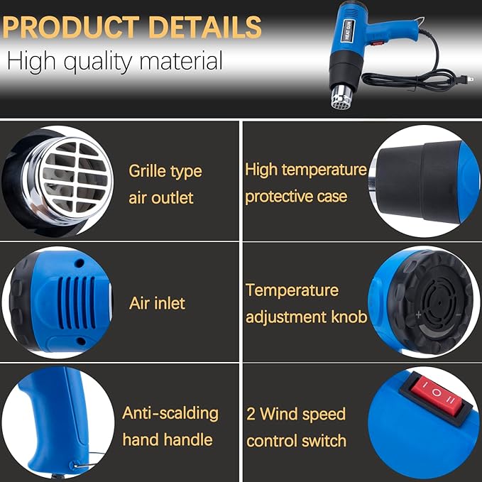 Heat Gun for Vinyl Wrap, Heat Gun for Crafting, Heat Gun Blower, Shop Heat Gun, 2000W Heat Guns Hot Air Gun Kit with 4 Nozzle Attachments for Crafts, Shrinking PVC, Stripping Paint by 9TH SHOP