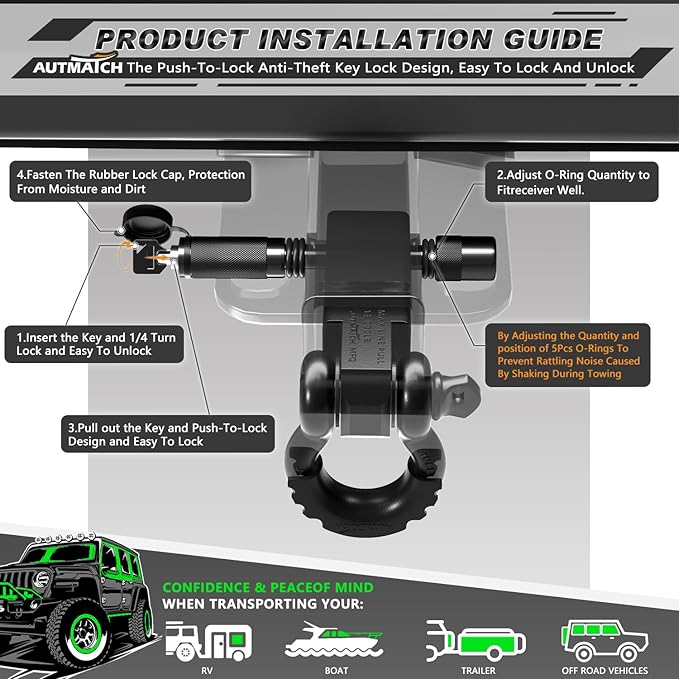 AUTMATCH Trailer Hitch Lock 5/8" - 3" Extra Long Span & Anti-Theft Hitch Locking Pin, Fits Class III IV 2" Receivers, Heavy Duty Towing Lock Pin for Jeep, Trailer, Truck, RV, Bike Rack, Black