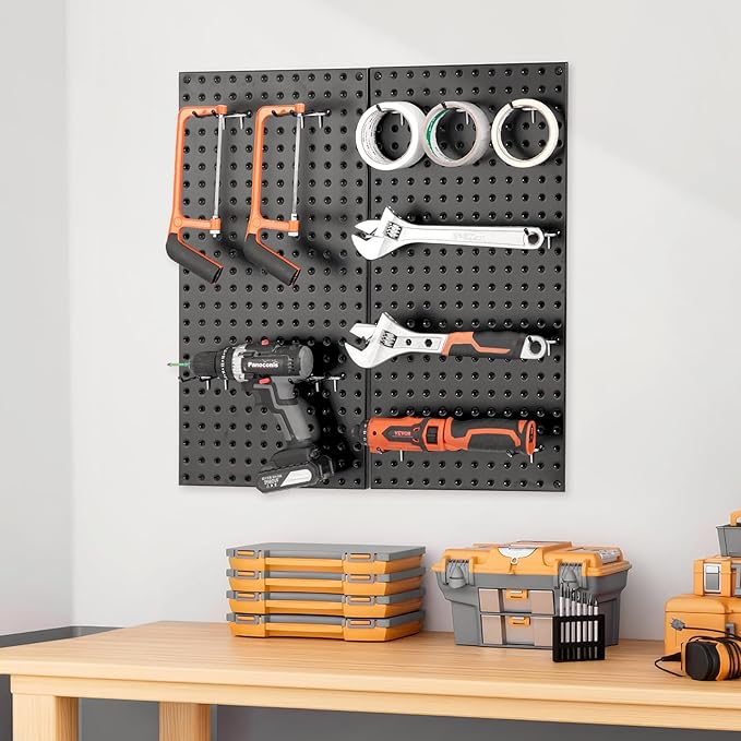 VEVOR Metal Pegboard Panels, 24" x 12" Pegboard, 2 Panels, Heavy Duty Steel Peg Board Wall Organizer, for Living Room Garage Tool Storage Workbench Office Organization Craft Room Kitchen Home, Black