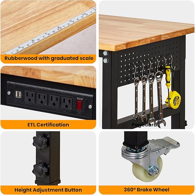 60" x 24" Heavy Duty Workbench with ETL Power Outlet, 8-Level Height Adjustment (29.5"-39.4"), Rubberwood Top with 2000 Lbs Capacity, for Garage/Workshop/Home Office, Metal Casters & Pegboard