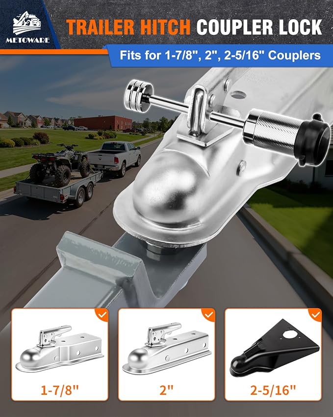 METOWARE Trailer Tongue Coupler Lock 1/4" Dia, 3-1/2" Span, Trailer Hitch Lock for Latch-Type Coupler, Trailer Pin Lock for Towing Trailer RV Car Boat Truck Chrome(1 Pack)