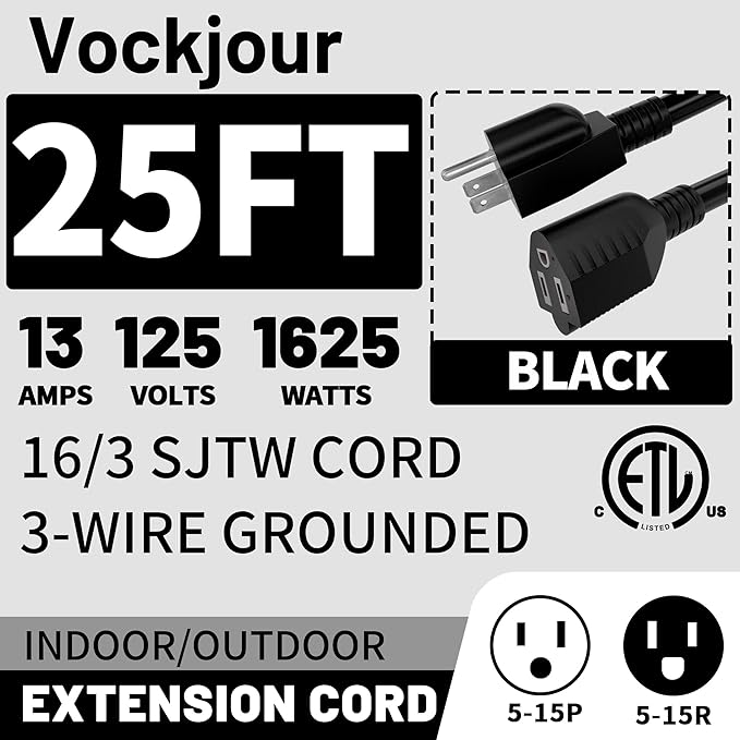 16/3 Black Indoor Outdoor Extension Cord 25 Ft 2 Pcs Waterproof, Extension Cord with 3 Prong,13A 1625W 16AWG SJTW, Flexible Weatherproof Power Cable for Offices, Gardens and Lawns