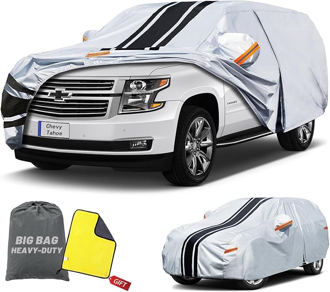 Heavy Duty 10-Layer SUV Car Cover Waterproof All Weather. Outdoor Full Exterior Covers for Chevrolet Tahoe, BMW X7, Dodge Durango, etc. Size A13 (Length 202 to 207 inch)