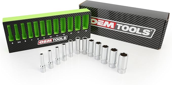 OEMTOOLS 23986 12 Piece Deep 1/4 Drive Socket Set, Deep Socket Set Metric 5-15mm, Heat-Treated Alloy Steel Sockets, Hard Chrome Finish, EVA Tray Storage