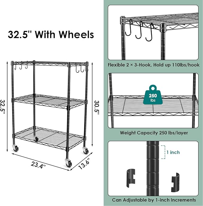 WDT 3-Tier Storage Shelves, Heavy Duty Metal Shelves Wire Rack Shelving Unit, Adjustable Shelf with Wheels for Home Office Garage Kitchen Bathroom,23.4" Wx13.6 Dx32.5 H
