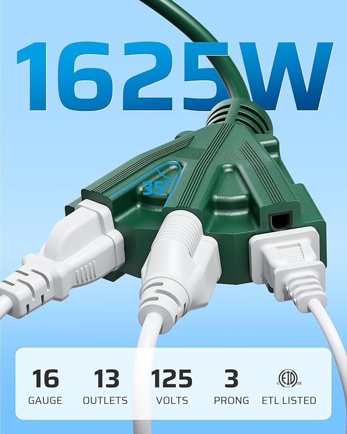 DEWENWILS 10FT Outdoor Extension Cord, Green Extension Cord 13A/1625W, 16/3 SJTW Power Cable with Multiple Outlet Weatherproof Decor Landscaping String Lights, ETL Listed, 1 Pack