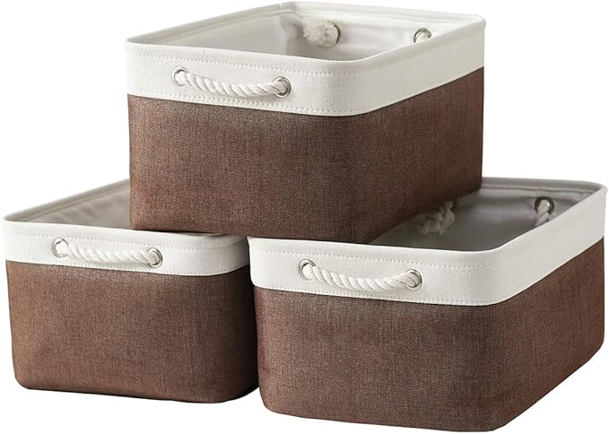 Large Storage Baskets for Shelves, Fabric Baskets for Organizing, Collapsible Storage Bins for Closet, Nursery, Clothes, Home & Office [3-Pack, White&Brown]