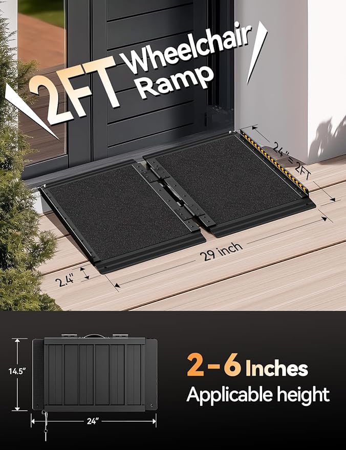 FACHNUO 2FT Wheelchair Ramp for Threshold 2-6 inches, Safe Use at Night Portable Threshold Ramps for Doorways, 800LBS Capacity, Non-Slip Durable Aluminum Alloy Folding Handicap Ramp for Home Steps