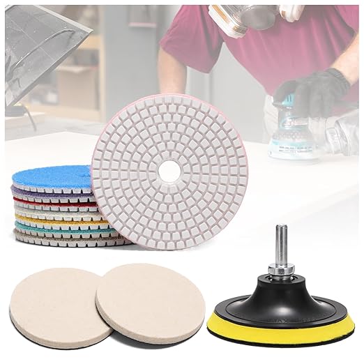 4 in Diamond Polishing Pads Set, 12 Pcs Durable Wet/Dry Polishing Pads, Marble Granite Concrete Polishing Kit with 5/8''-11 Backer Pad, 50-6000 Grit, Polisher, Grinder, Drill Use