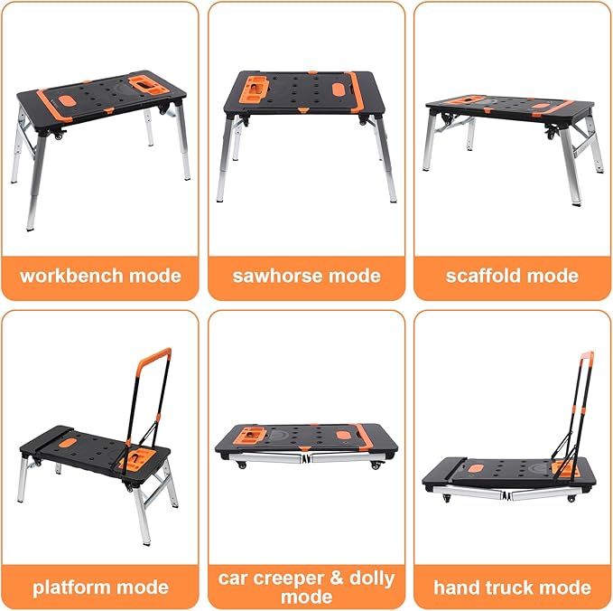 7 in 1 Work Benches Multifunctional Folding Work Table for Garage, Portable Workbench, Sawhorse, Scaffold, Platform, Mobile Workbench, Dolly and Hand Truck with 4 Wheels