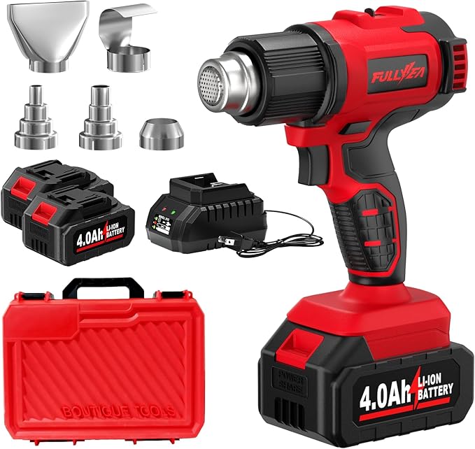 FULLYEA Cordless Heat Gun, Max 1022°F (550°C) Fast Heating, Lightweight Hot Air Gun Kit with 2x4.0Ah Batteries & 5 Nozzles, Portable Heat Gun for Shrink Tubing, PVC Wrap, Crafts (Red)