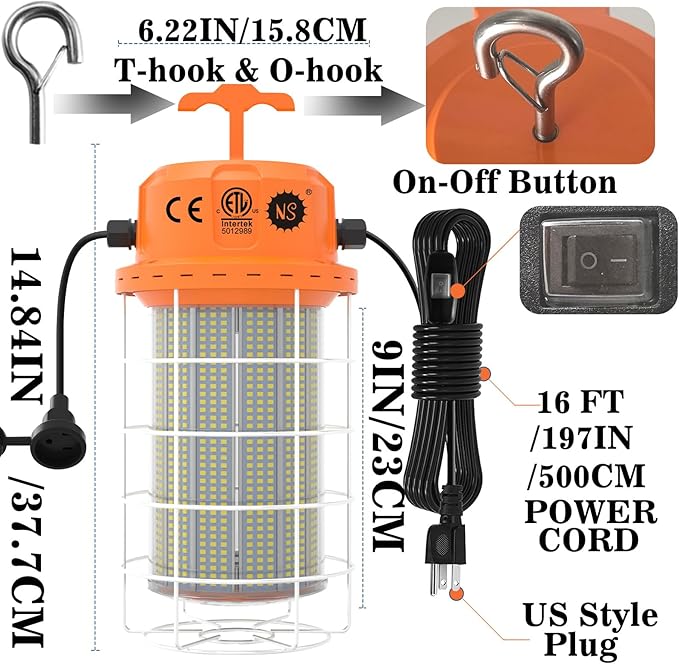NS LED Temporary Work Light 400W 60000 LM, 5000K Daylight with 16-ft Cord & Hook, Waterproof, Orange - 26-Year Lifespan, 5-Yr Warranty, Chainable up to 20 (1-Pack) Construction JobSite Warehouse