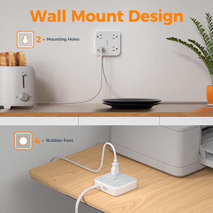 TESSAN Surge Protector Flat Extension Cord 5Ft, Flat Plug Power Strip with 4 Outlets 3 USB Ports (1 USB C), 1875W 15A, 900 Joules Protection, Multiple Wall Outlet Extender Suitable for Home, Grey