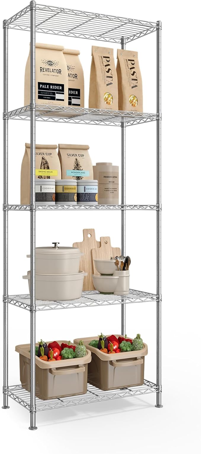 SONGMICS Storage Shelf, Metal Wire Shelving Unit, Adjustable Shelves, for Garage, Bedroom, Living Room, Kitchen, Pantry, 5 Tier, 11.8 x 23.6 x 63.4 Inches, Silver Color ULGR165EA01S