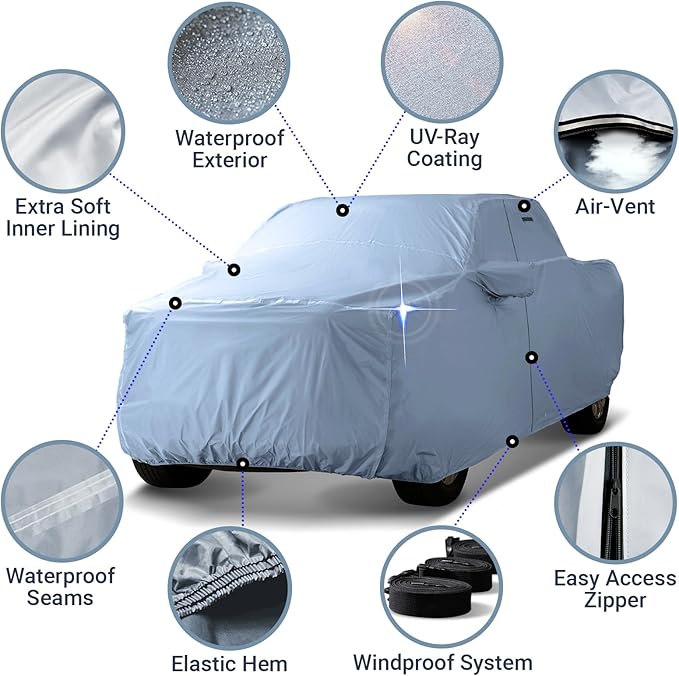 iCarCover 30-Layer Premium Truck Car Cover Waterproof All Weather | Rain Snow UV Protection Full Car Covers | F-150 Super, Ram 1500 Crew, Silverado 150 Double, Sierra 1500, Size T85 (See Size Chart)