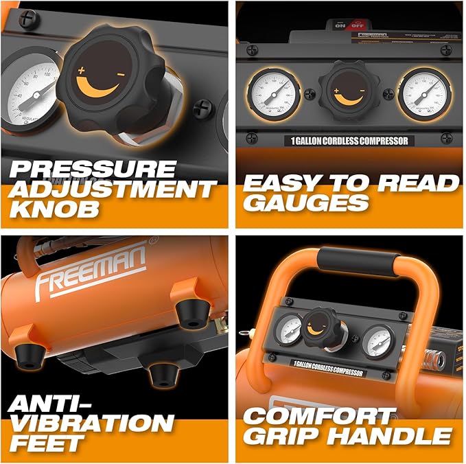 Freeman F20 20V Cordless 1-Gallon Air Compressor with 4.0Ah Battery & Charger | 1/3 HP, 700 Shots Per Charge | Portable, Oil-Free, for Nailers & Tire Inflation | PE20V1GCK
