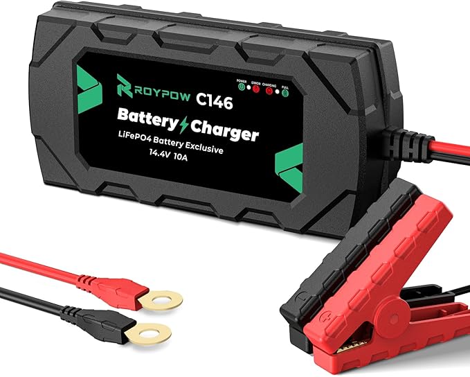 12V 10A Lithium Battery Charger, RoyPow 12V 10A LiFePO4 Battery Charger, 12V Automatic Trickle Battery Chargers, 10A Battery Maintainer for LiFePO4 Batteries, Lithium Batteries, Car, Marine
