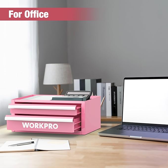 WORKPRO 12.5" Mini Tool Box with 2 Drawers & 1 Open Top Storage, Small Metal Tool Chest with PVC Liners & PP Feet Pads, Cold Rolled Steel Toolbox with Drawer Liners & Magnetic Tabs - Pink Ribbon