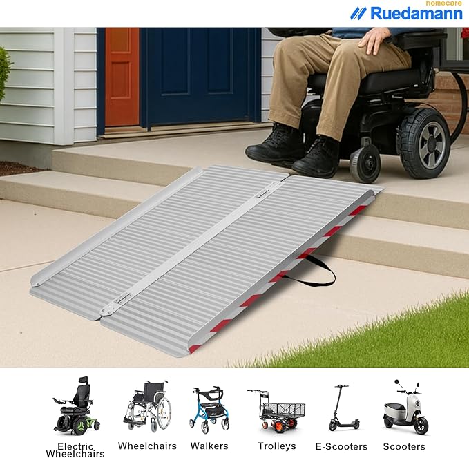Ruedamann 5FT x 33.5" Extra Wide Electric Scooter ramp Wheelchair ramp for Doorways, Lightweight with Handle 800Lbs, Non-Slip Foldable Threshold Ramp for Heavy Wheelchair for Curb, Steps and Stairs