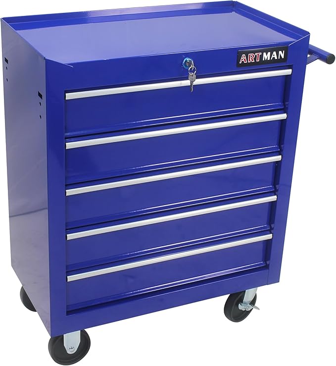 YOPTO Multifunctional Cart with 5 Ball-Bearing Drawers,Portable Rolling Tool Chest W/ 4 Wheels,Key Locking and Pull Handle,for Garage,Warehouse,Workshop,Repair Shop,Blue