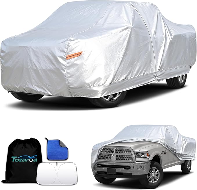 Car Cover Waterproof All-Weather,Heavy-Duty Outdoor Full Exterior Automobiles Snow Cover for Truck 243-250 inch,with Sun Visor,Anti-Scratch Cotton Lining & Zippered,Towel&Storage Bag
