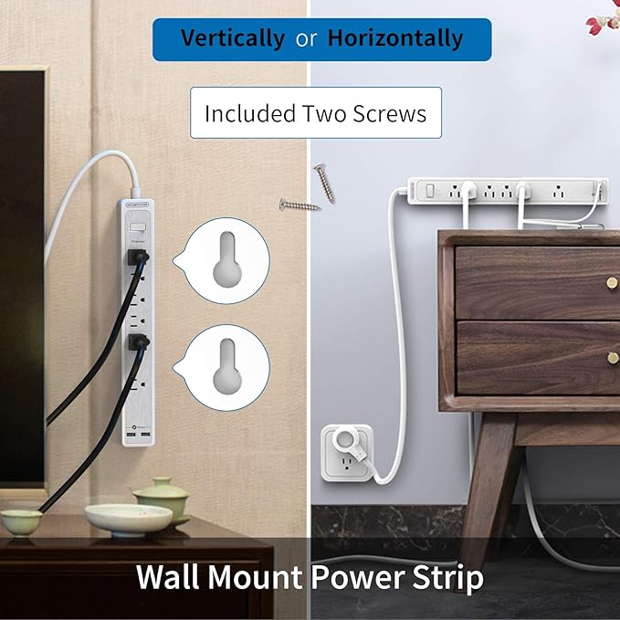 Extension Cord 15 ft, 6 Outlets Surge Protector Outlet, Heavy Duty Long Power Strip Flat Plug, 1875W Flat Plug, Widely Spaced Outlet, Wall Mount for TV Dorm Office Home Theater, White