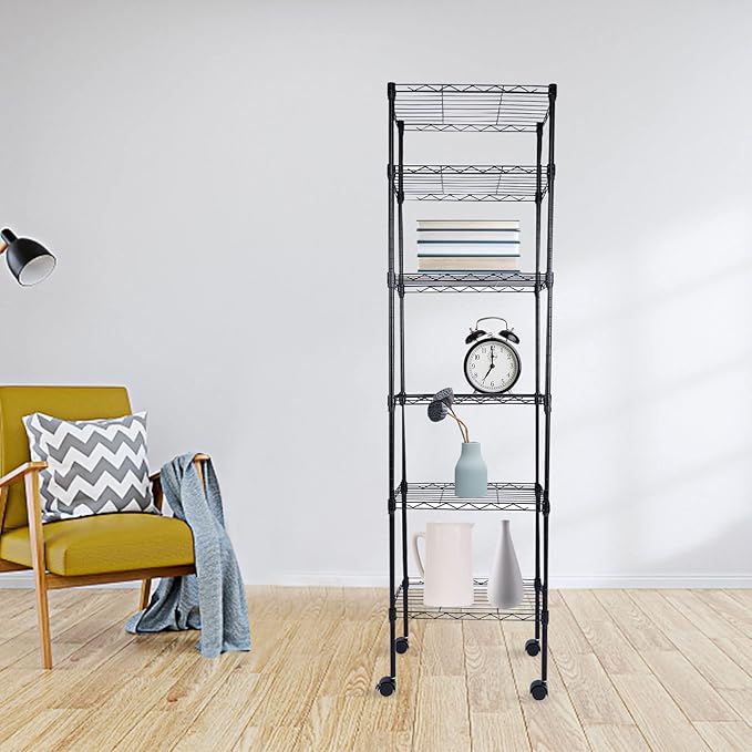 YSSOA Heavy Duty 6-Tier Storage Shelves, 17'' D x 11'' W x 63'' H Adjustable Shelving Unit with Wheels and Hanging Hooks, Black