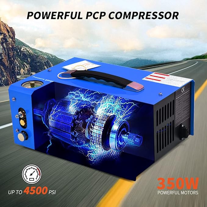 TOAUTO A2 PCP Air Compressor, Auto-Stop, Portable 4500Psi/30Mpa, Oil/Water-Free, 8MM Quick-Connector HPA Compressor for Paintball/PCP Air Rifle/Scuba Tank, Powered by Home 110V AC or 12V Car DC（Blue）