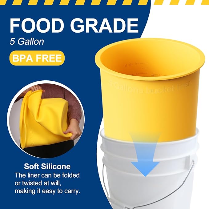 5 Gallon Bucket Silicone Liner Reusable for Thinset Paint Epoxy Concrete Mixing Bucket Saver with Graduated Measurements, Heavy Duty Yellow