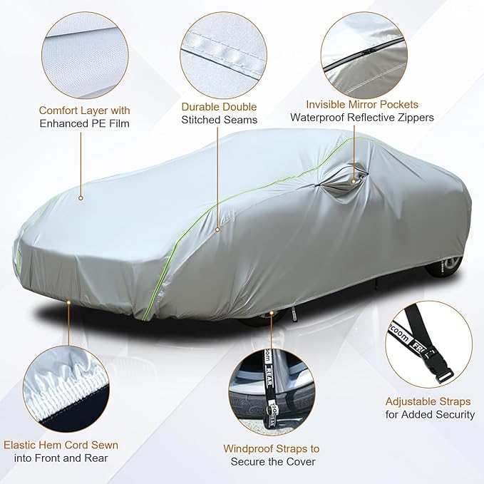 Tecoom Car Cover Waterproof All Weather, Windproof UV Sun Rain Snow Protection Outdoor Full Cover with Top Reflective Strip, Door Zipper, Fit for Coupe/Convertible/Sport Cars (167-172 Inches)