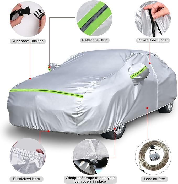 Waterproof Car Covers Replace for 2007-2025 Toyota Camry, 6 Layers Silver All Weather Custom-fit Car Cover with Zipper Door & Windproof Bands for Snow Rain Dust Hail Protection