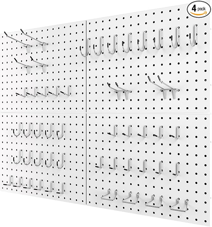 4 Pack Metal Pegboard Panels with 50 Hooks, White Pegboard Wall Organizer, Pegboard Accessories, Heavy Duty Garage Tool Storage System for Workbench, Workshop, Office, Craft Room