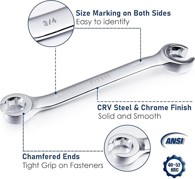 6 Pc. Flare Nut Wrench Set, SAE 1/4" to 15/16", CR-V Steel, Brake Fuel Line Wrench Set with Roll-up Pouch
