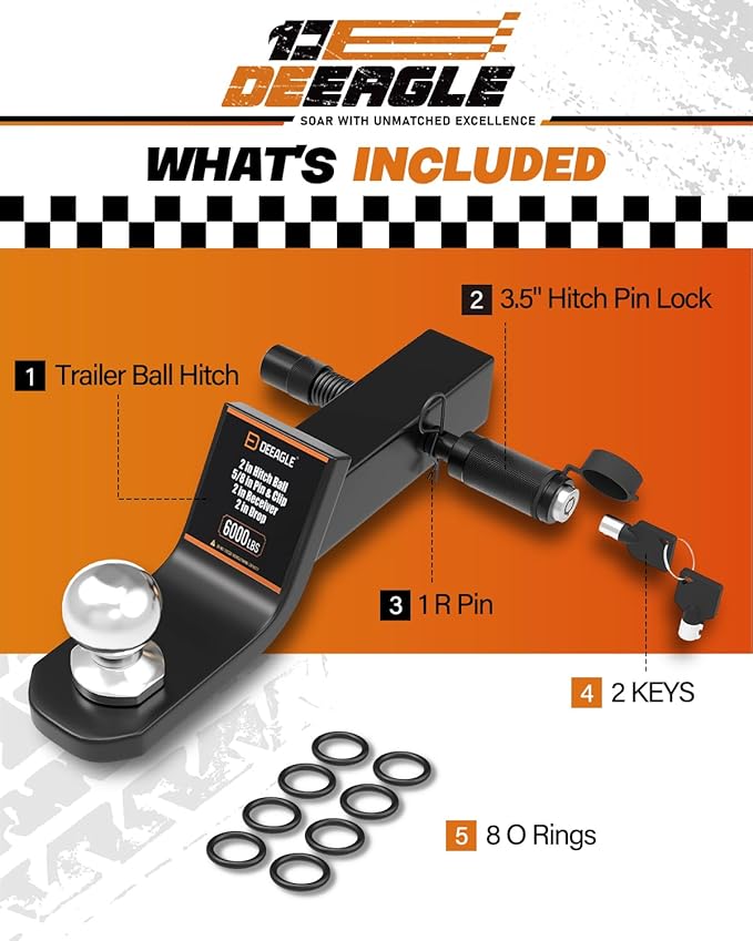 DEEAGLE 2 in Ball Hitch, Heavy Duty Steel Receiver Hitch with 3.5” Hitch Pin Lock, Fits 2 in Receiver, 7500lbs, 2 in Drop, Include Pin Lock