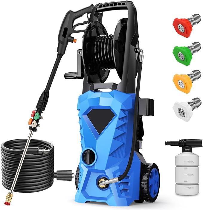 5000PSI Electric Pressure Washer - 2025 New Power Washer with Upgraded 33ft Pressure Washer Hose Reel, Foam Cannon, 4 Nozzle Set, Power Washer for House/Patios/Car/Fence, Blue