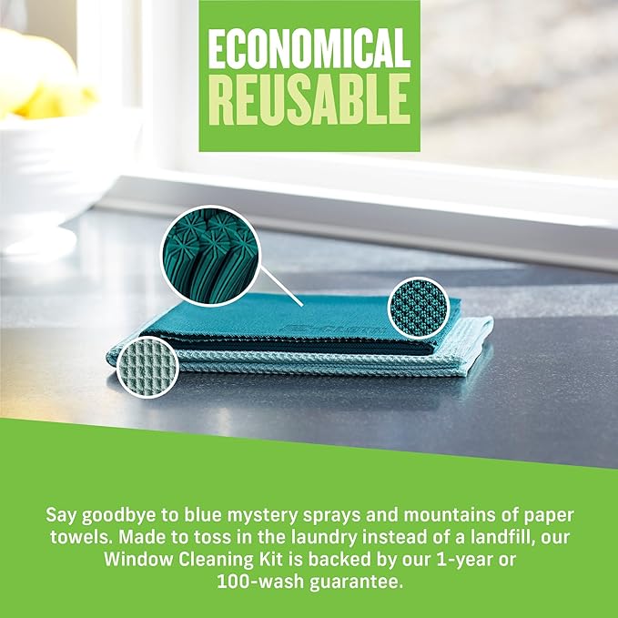 E-Cloth Window Cleaning Cloth - Eco Packaging - Glass Cleaning Cloth, Streak-Free Windows with Just Water, Microfiber Towel Kit for Windows, Car Windshield, Mirrors - Winter Green