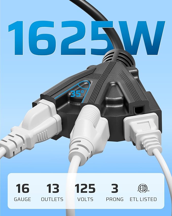 DEWENWILS 6FT Extension Cord, Tri-Tap Extension Cord Splitter, 3 Outlet 16/3 SJTW Power Cable for Landscape Lighting String Lights, 13A/125V/1625W, ETL Listed, Black, 1 Pack