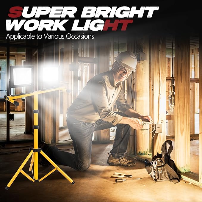 22000 Lumen Work Lights with Stand, 2 Adjustable Head LED Work Light, with Adjustable and Foldable Tripod Stand, Waterproof Lamp with Individual Switch with 6500 Kelvin Color (2-head)