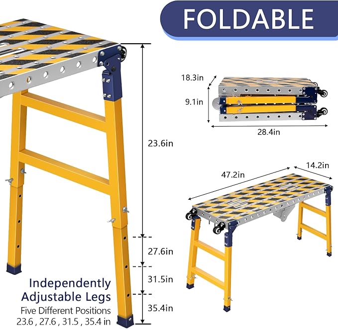 Work Bench+Step Ladder 2 in 1 with 1102 LBS Load Capacity, Versatile Portable Steel Folding Welding Table with Height 23 to 35 inches Adjustable Folding Portable Platform with Non-Slip Mat