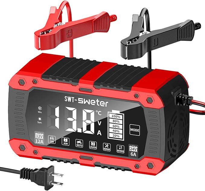 12A Smart Car Battery Charger, 12V/24V Automatic Battery Maintainer & Desulfator - Compatible with LiFePO4 Lithium, AGM, Gel, SLA, Lead-Acid for Truck, Motorcycle, Lawn Mower, Boat
