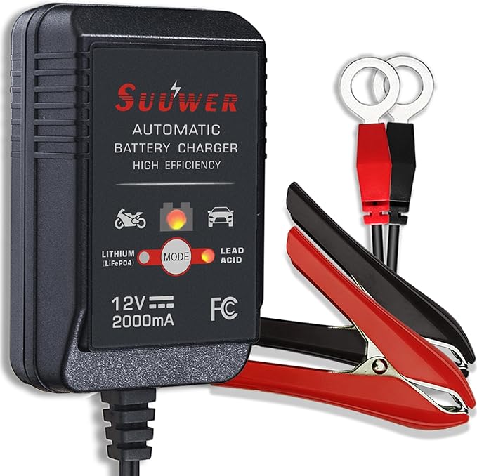 12V 2-Amp Fully-Automatic Smart Battery Charger & Maintainer with 12FT Cord, SAE Connector, Alligator Clips, OT Terminals for AGM, SLA, Lead Acid & LiFePO4 - Car, Motorcycle, ATV, Boat