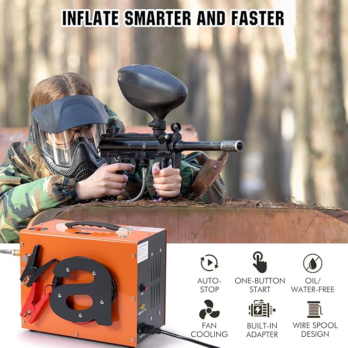 PCP Air Compressor with Atuo Shut-Off, Portable 4500Psi/30Mpa, Water/Oil-Free, One Button Start, Bursting Disc, 12V DC/120V AC PCP Airgun Compressor, Rifle/Pistol and Paintball Tank Air Pump (Orange)