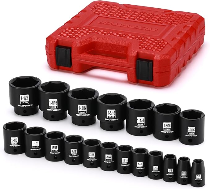 MIXPOWER 19 Piece 1/2-Inch Drive Standard Impact Socket Set, SAE, Shallow, 3/8" to 1-1/2", Cr-Mo Alloy Steel, Radius Corner Design, Impact Grade