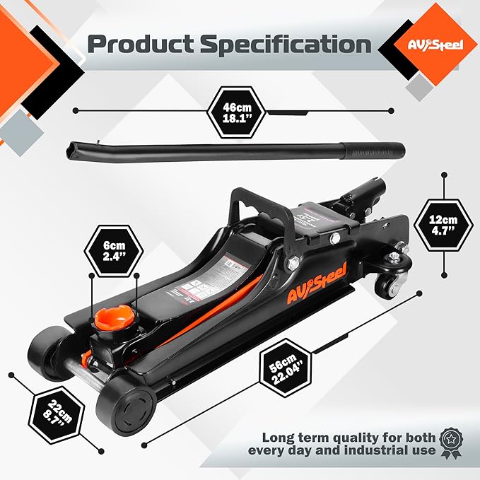 AV Steel Floor Jack 2.5 Ton (5500 lbs), Low Profile Floor Jack with Single Piston Pump, Heavy Duty Steel Hydraulic Jack for Car, Jack for Car with Lifting Range 3.4'' to 14.6''