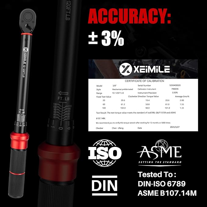 3/8-Inch Drive Click Torque Wrench - 10-120 Ft-Lb/13.6-162.6Nm, Dual-Direction Adjustable 72 Tooth Torque Wrench with Dual Range Scales, High 3% Precision for Bike, Motorcycle and Car Repair