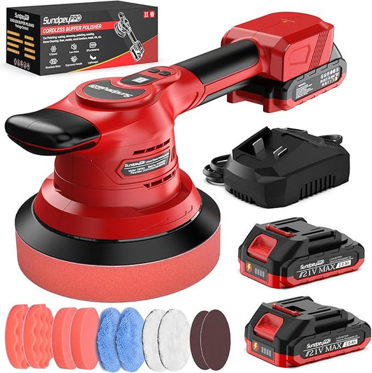 Brushless Cordless Car Buffer Polisher - SundpeyPRO 6 Inch Random Orbital Polisher with 8000RPM & 8 Variable Speed & 2 Battery & Fast Charger & 10PCs Polishing Kit for Waxing Polishing Scratch Removal
